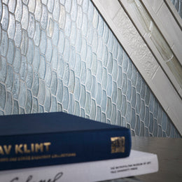 Mixed media wall featuring Luce Feather in Mineral Springs Pearl as well as ceramic tiles by Lunada Bay Tile