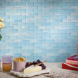 Kitchen backsplash with Lapis Mingle in Aerial Natural by Lunada Bay Tile
