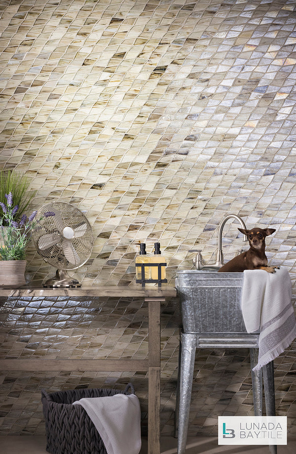 Laundry room wall with Lapis Pulse pattern in Flicker Pearl by Lunada Bay Tile