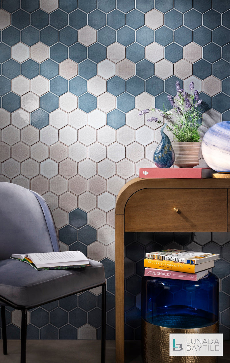 Linen 4" Hex in Denim and Metropolis by Lunada Bay Tile