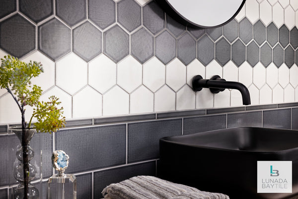 Bathroom with Linen 4" Hex and 4-3/4 x 9-1/2. Dapper Grey and Summer White. By Lunada Bay Tile