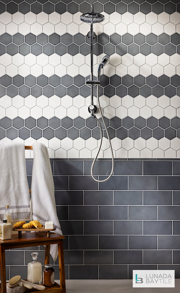 Shower with Linen 4" Hex and 4-3/4 x 9-1/2. Dapper Grey and Summer White. By Lunada Bay Tile.