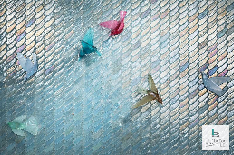 Featured art wall with Luce Feather in Mineral Springs Pearl and glass bird sculptures by Lunada Bay Tile