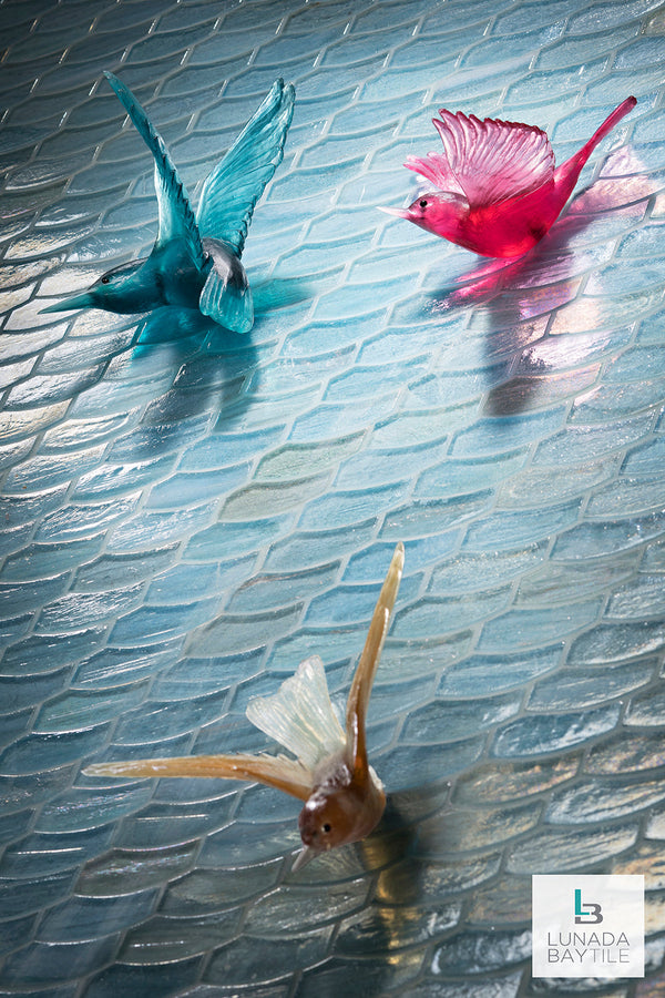 Art wall with Luce Feather in Mineral Springs Pearl and glass bird sculptures by Lunada Bay Tile