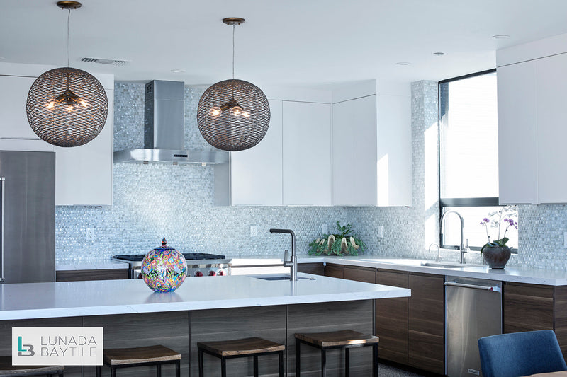 Kitchen with Origami Mosaic Nami in Ivory Pearl by LBT