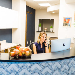 Reception desk with Textile Normandie Deco in Blue Stone by Lunada Bay Tile