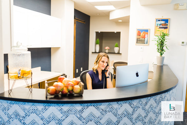 Reception desk with Textile Normandie Deco in Blue Stone by Lunada Bay Tile