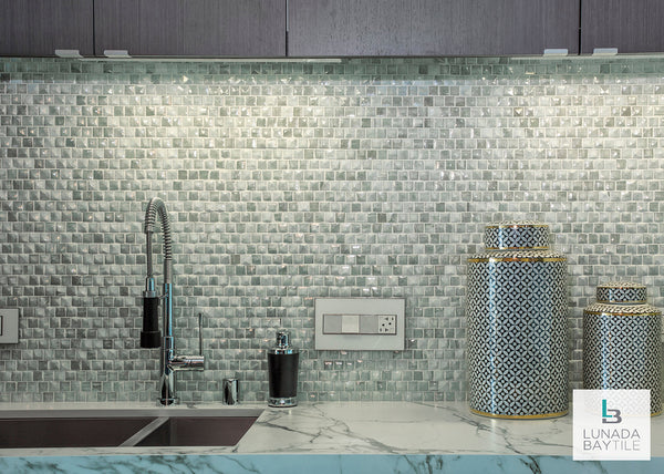 Kitchen with Origami Mosaic Nami in Ivory Pearl by Lunada Bay Tile